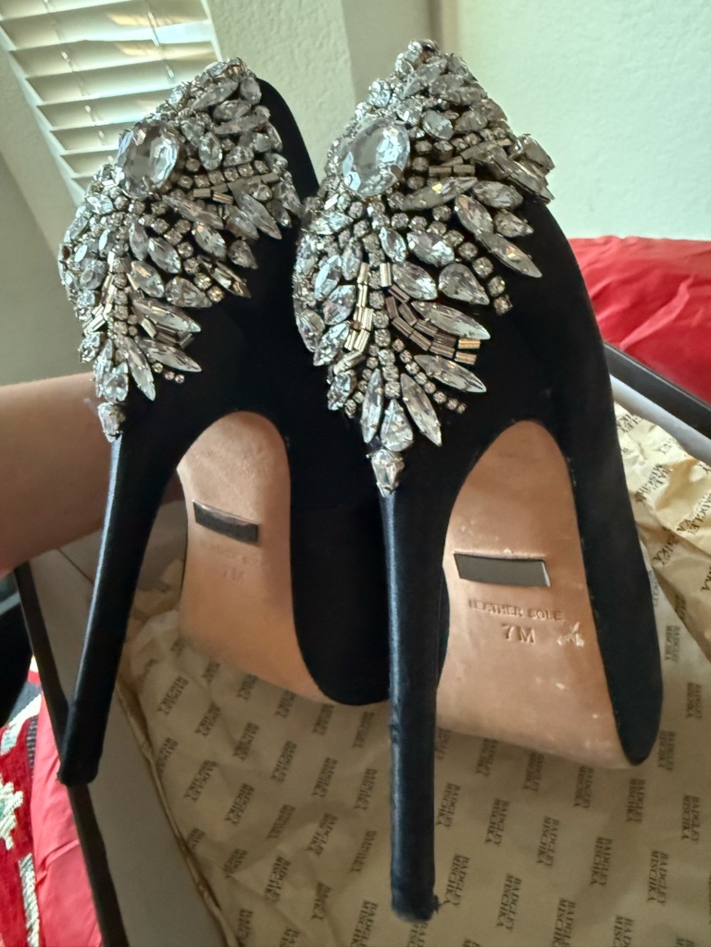 Badgley Mischka Black Satin Jeweled Peep-Toe Pumps